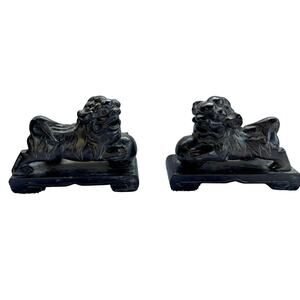 Pair of 4.5" Vintage Antique Chinese Hand Carved Black Soapstone Foo Dogs Lot 2
